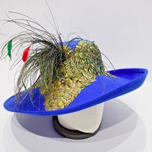 VTG Jack McConnell Blue 100% Wool Felt Fascinator Hat Green Gold Peacock Feather